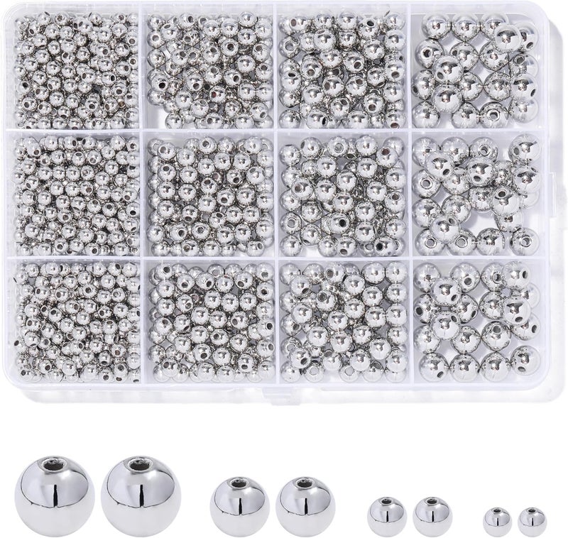 Monigte Silver Beads 1100 Pcs Smooth Round 3/4/6/8mm Silver Filled Beads for Bracelet Jewelry Making - Image 1